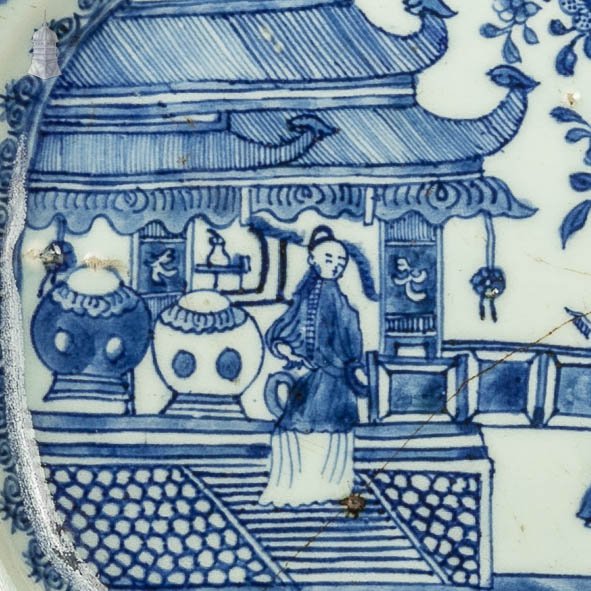 Octagonal Oriental Plate with White and Blue landscape with figures design possibly Qianlong period 18th C