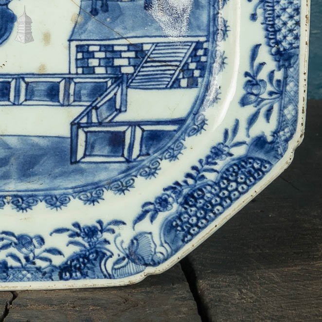 Octagonal Oriental Plate with White and Blue landscape with figures design possibly Qianlong period 18th C