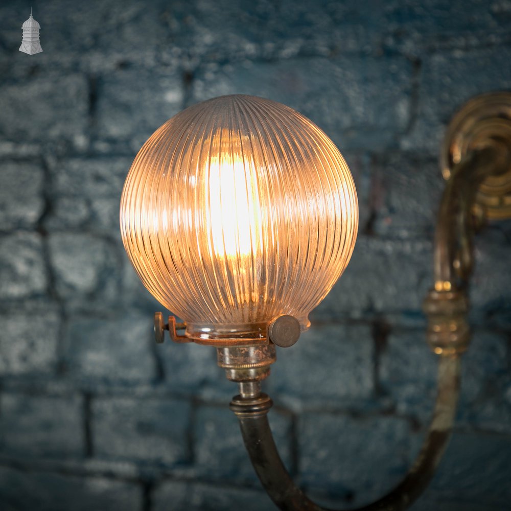 Brass Wall Sconce, Pair with Reeded Glass Dome Shades