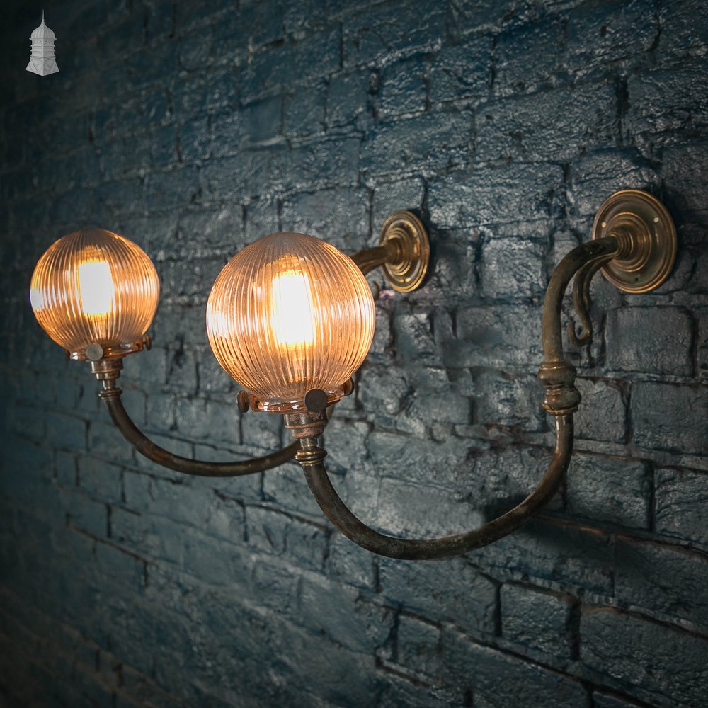 Brass Wall Sconce, Pair with Reeded Glass Dome Shades