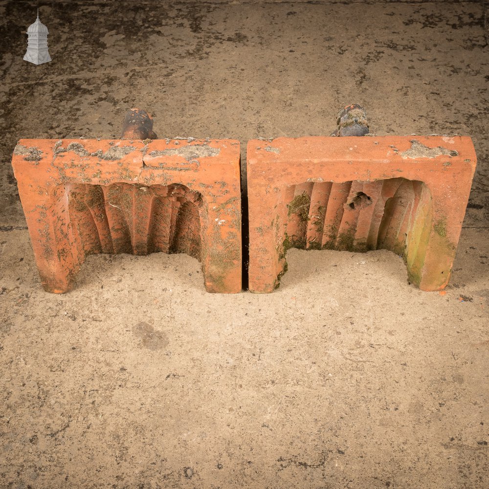 Parapet Coping Bricks, Decorative Rose Detail, 19th C Weathered Red Clay, Pair