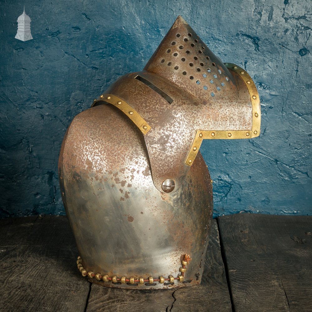 ‘Pig-face’ Bascinet Replica Knights Helmet, Steel and Brass