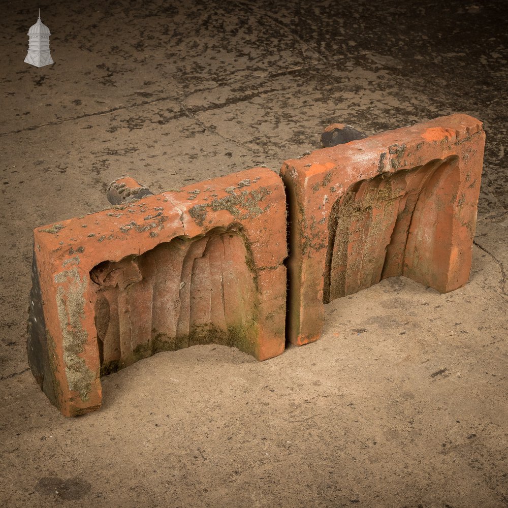 Parapet Coping Bricks, Decorative Rose Detail, 19th C Weathered Red Clay, Pair