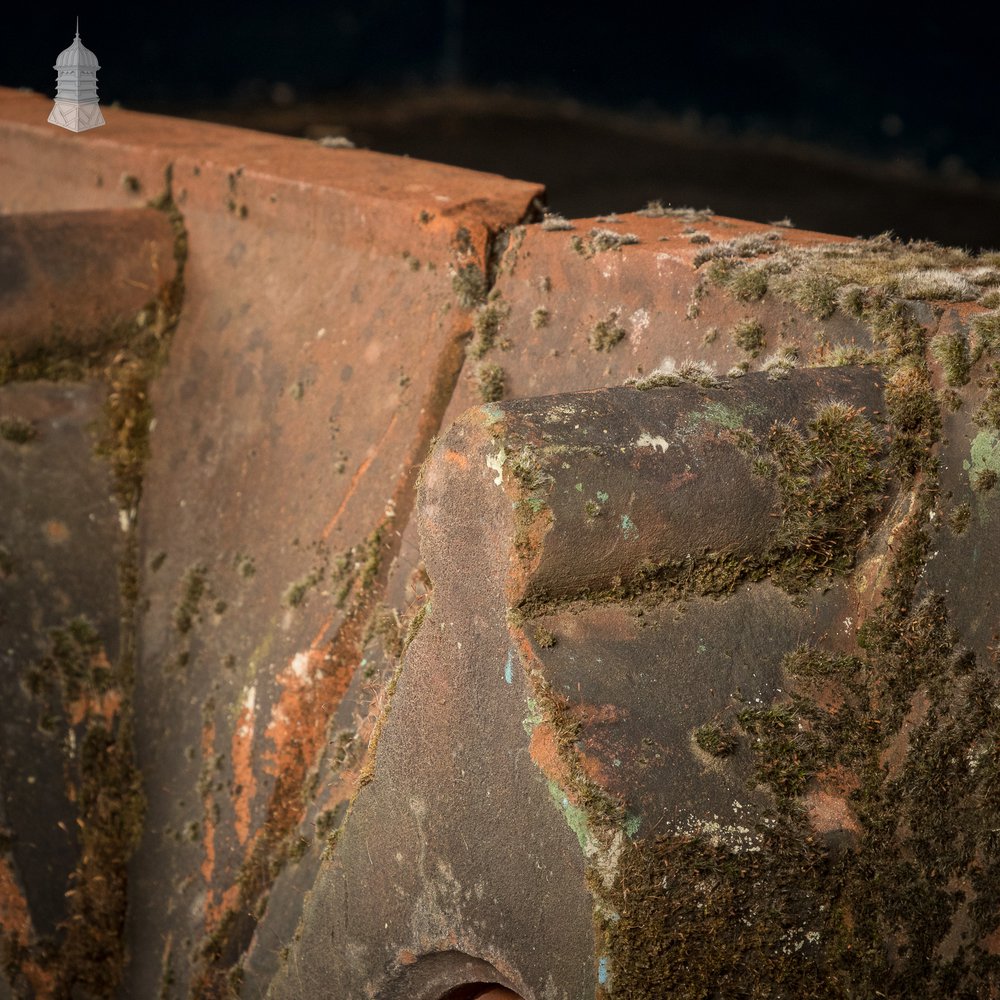 Parapet Coping Bricks, Decorative Rose Detail, 19th C Weathered Red Clay, Set of Three