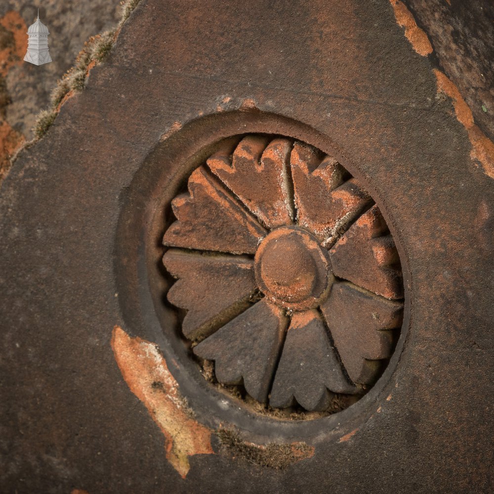 Parapet Coping Bricks, Decorative Rose Detail, 19th C Weathered Red Clay, Set of Three