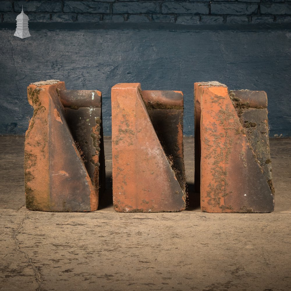 Parapet Coping Bricks, Decorative Rose Detail, 19th C Weathered Red Clay, Set of Three