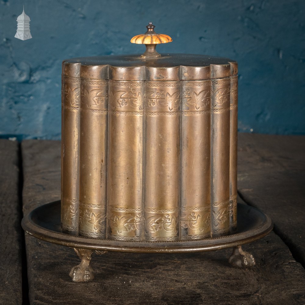 Brass Biscuit Box, 19th C, Brass with Claw Feet and Engraved Details