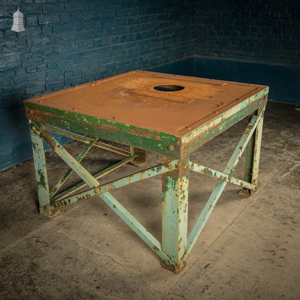 Industrial Machine Base, Steel Workshop Table with Distressed Rusty Green Paint Finish