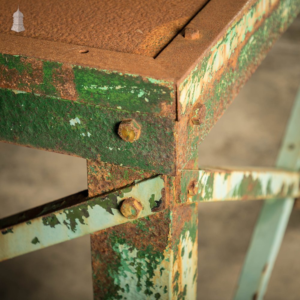 Industrial Machine Base, Steel Workshop Table with Distressed Rusty Green Paint Finish