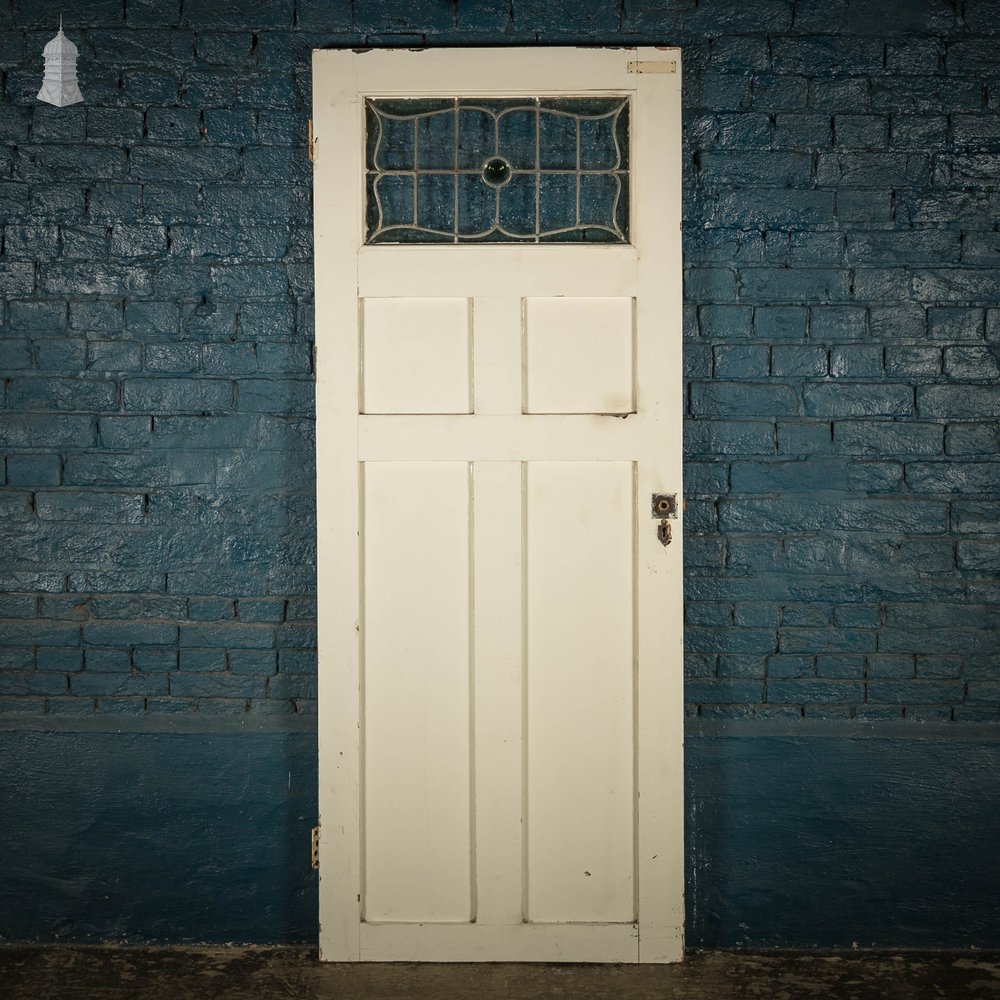 Glazed Door, Art Nouveau, Leaded Glass, White Painted Pine