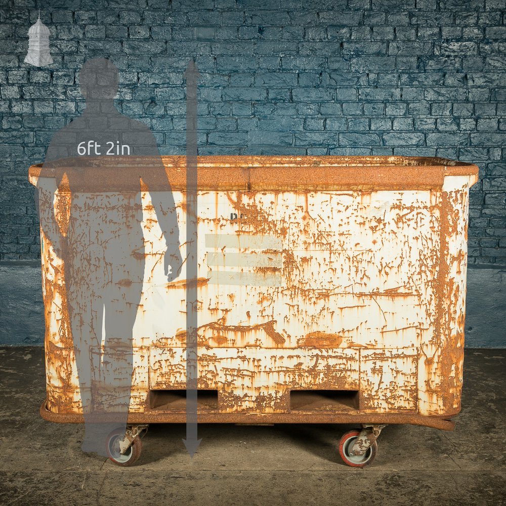 Wheeled Industrial Cart, Rusty Distressed White Painted Steel, Factory Skip