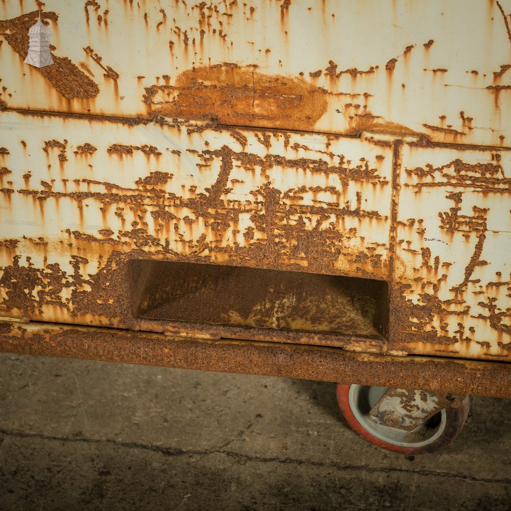 Wheeled Industrial Cart, Rusty Distressed White Painted Steel, Factory Skip