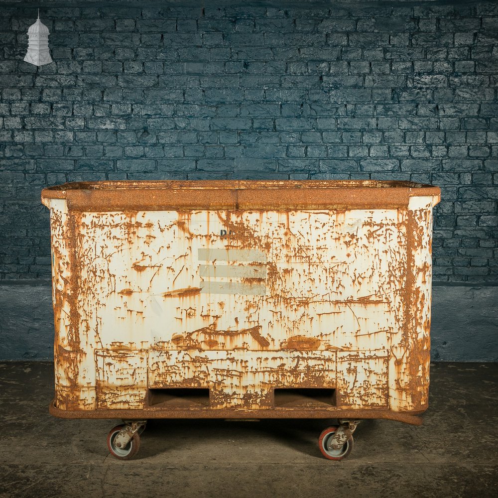 Wheeled Industrial Cart, Rusty Distressed White Painted Steel, Factory Skip