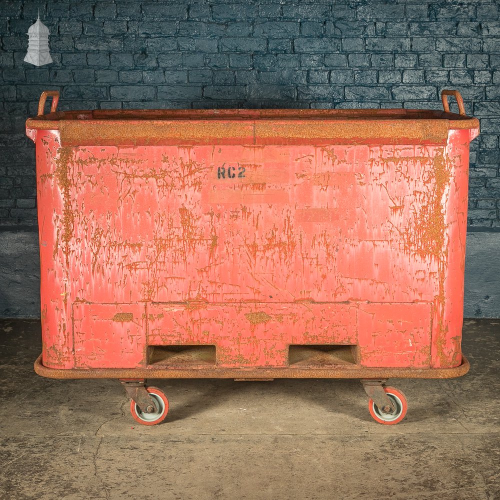 Wheeled Industrial Cart, Rusty Distressed Red Painted Steel, Factory Skip