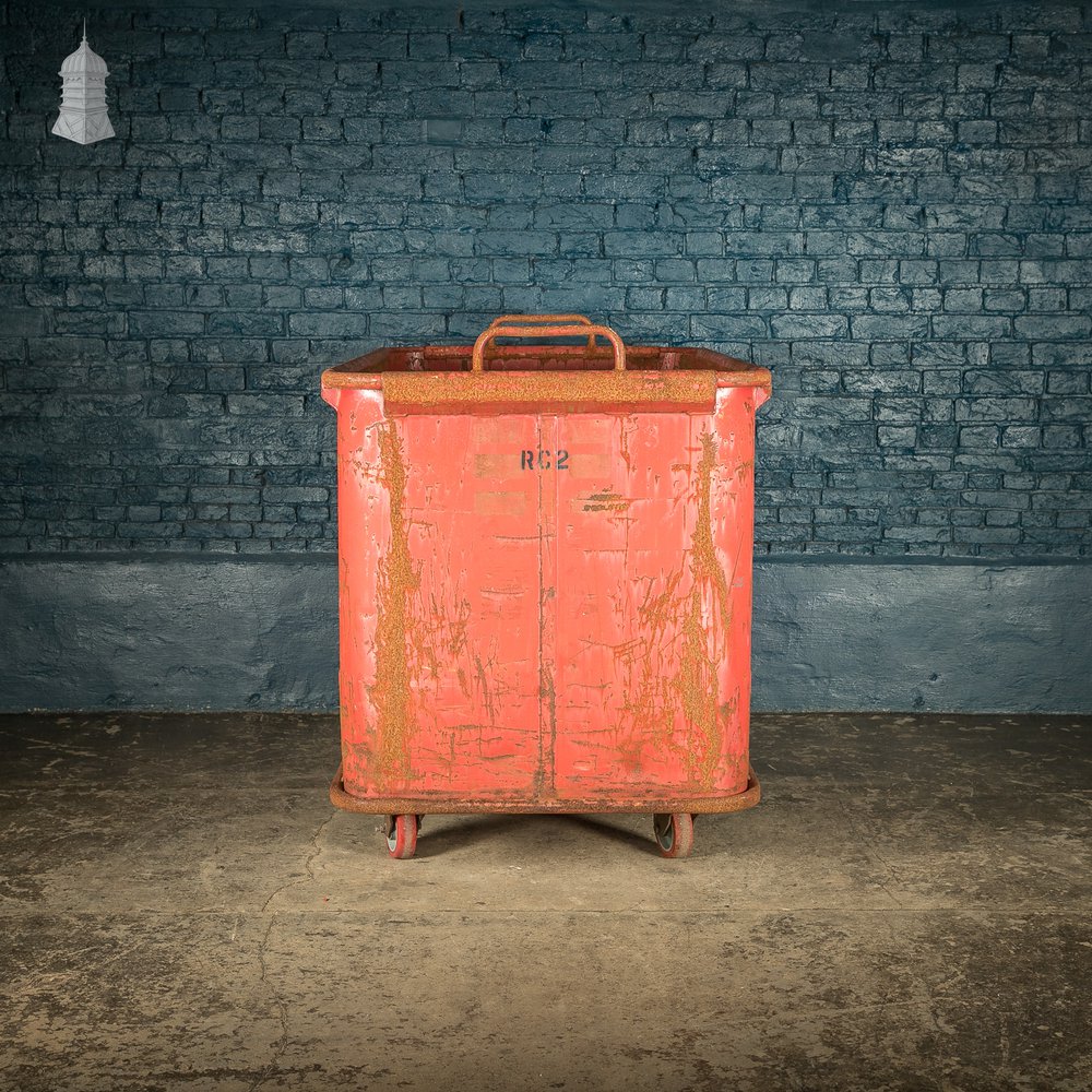 Wheeled Industrial Cart, Rusty Distressed Red Painted Steel, Factory Skip