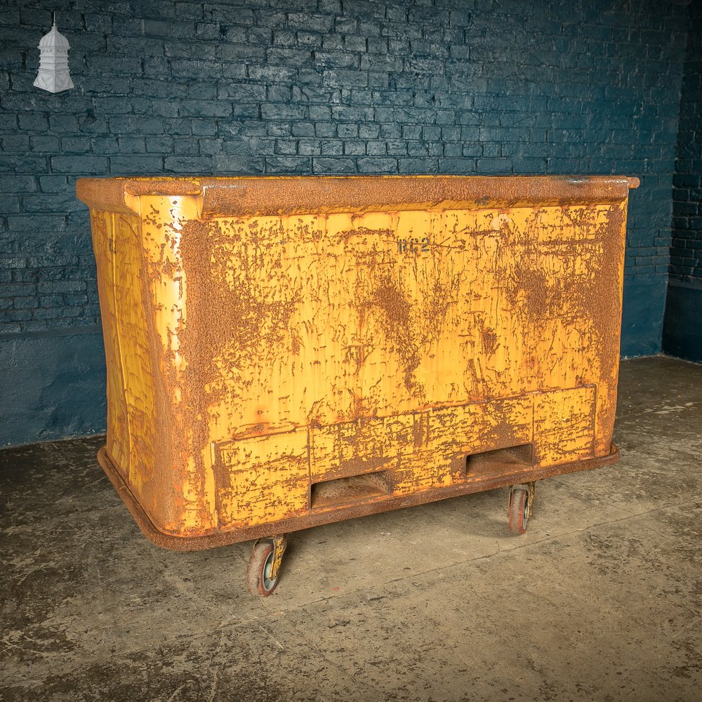 Wheeled Industrial Cart, Rusty Distressed Yellow Painted Steel, Factory Skip