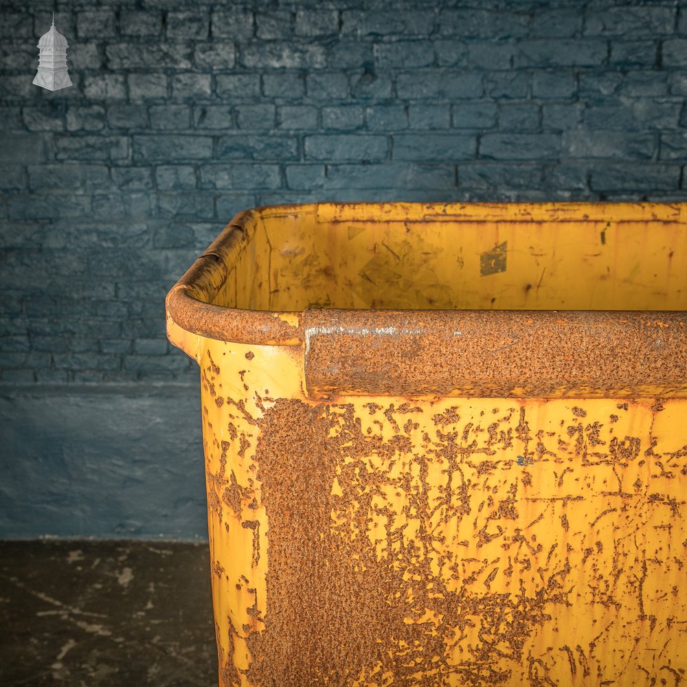 Wheeled Industrial Cart, Rusty Distressed Yellow Painted Steel, Factory Skip