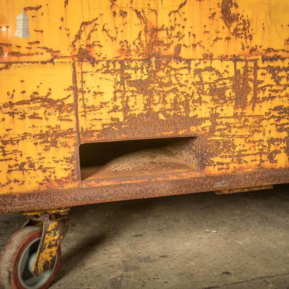 Wheeled Industrial Cart, Rusty Distressed Yellow Painted Steel, Factory Skip