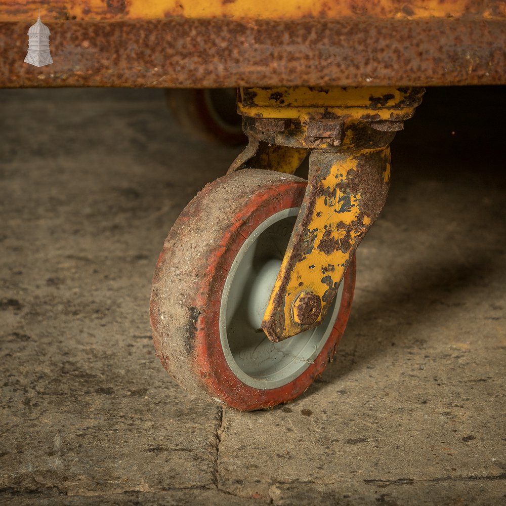 Wheeled Industrial Cart, Rusty Distressed Yellow Painted Steel, Factory Skip