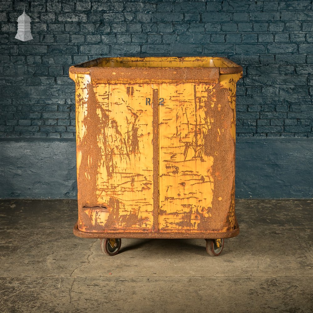 Wheeled Industrial Cart, Rusty Distressed Yellow Painted Steel, Factory Skip