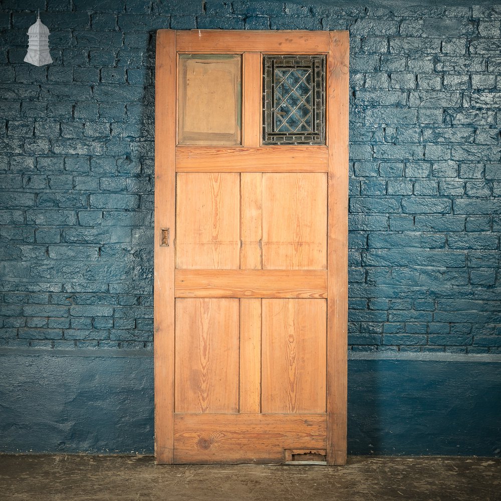 Pitch Pine Paneled Door with Leaded Glass Window, Victorian