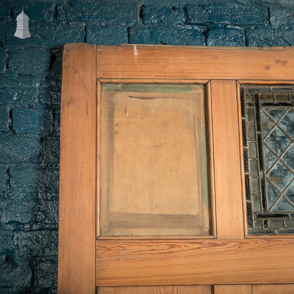 Pitch Pine Paneled Door with Leaded Glass Window, Victorian