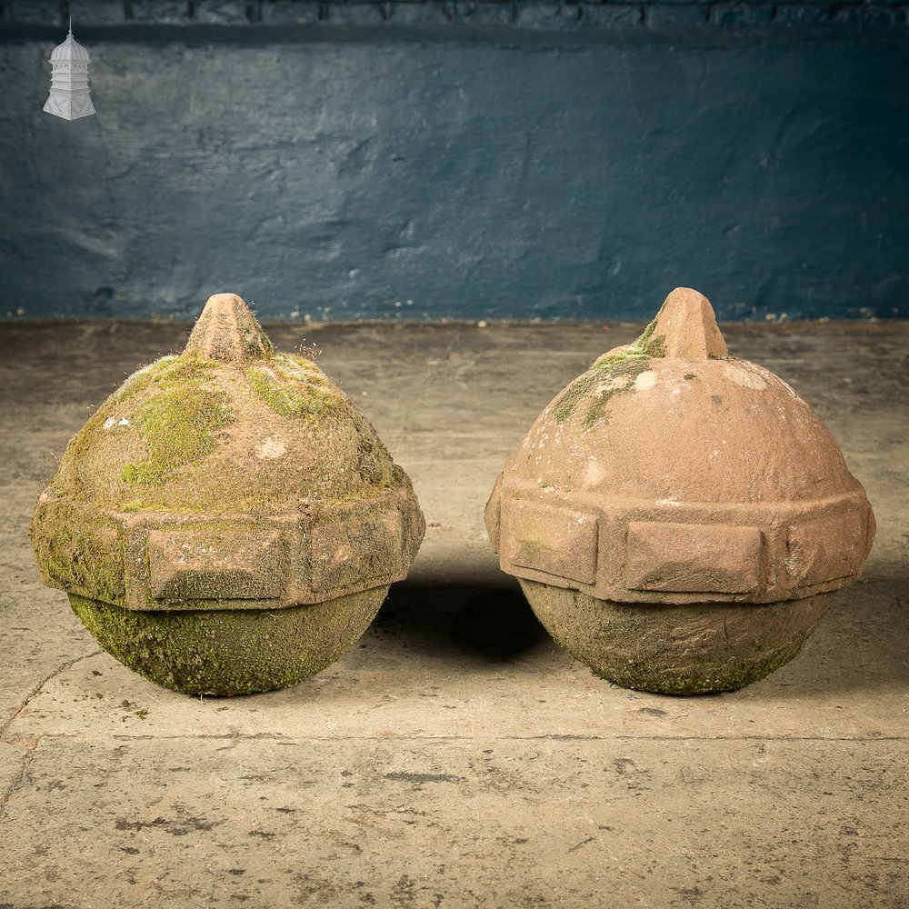 Orb Pier Cap Finials, 18th C Carved Sandstone Balls, Pair