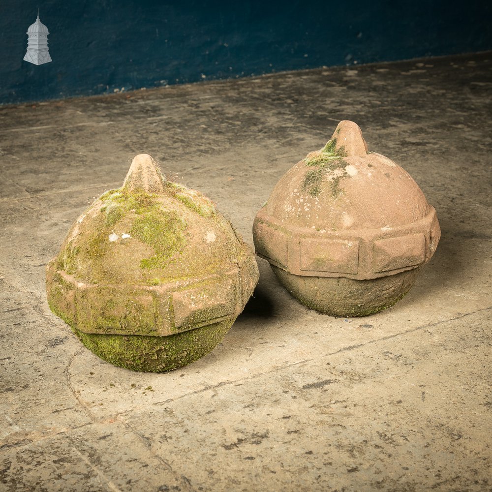 Orb Pier Cap Finials, 18th C Carved Sandstone Balls, Pair