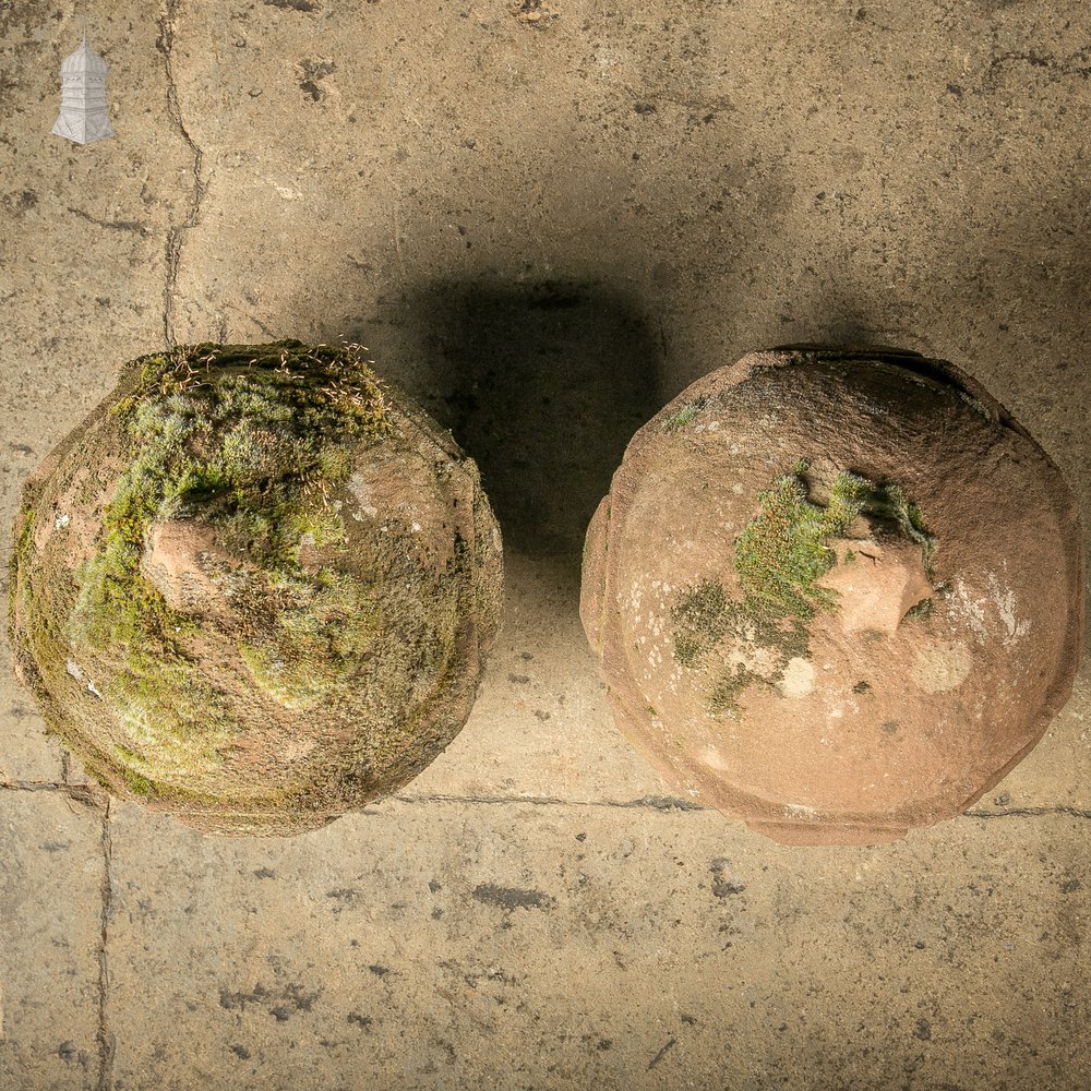 Orb Pier Cap Finials, 18th C Carved Sandstone Balls, Pair