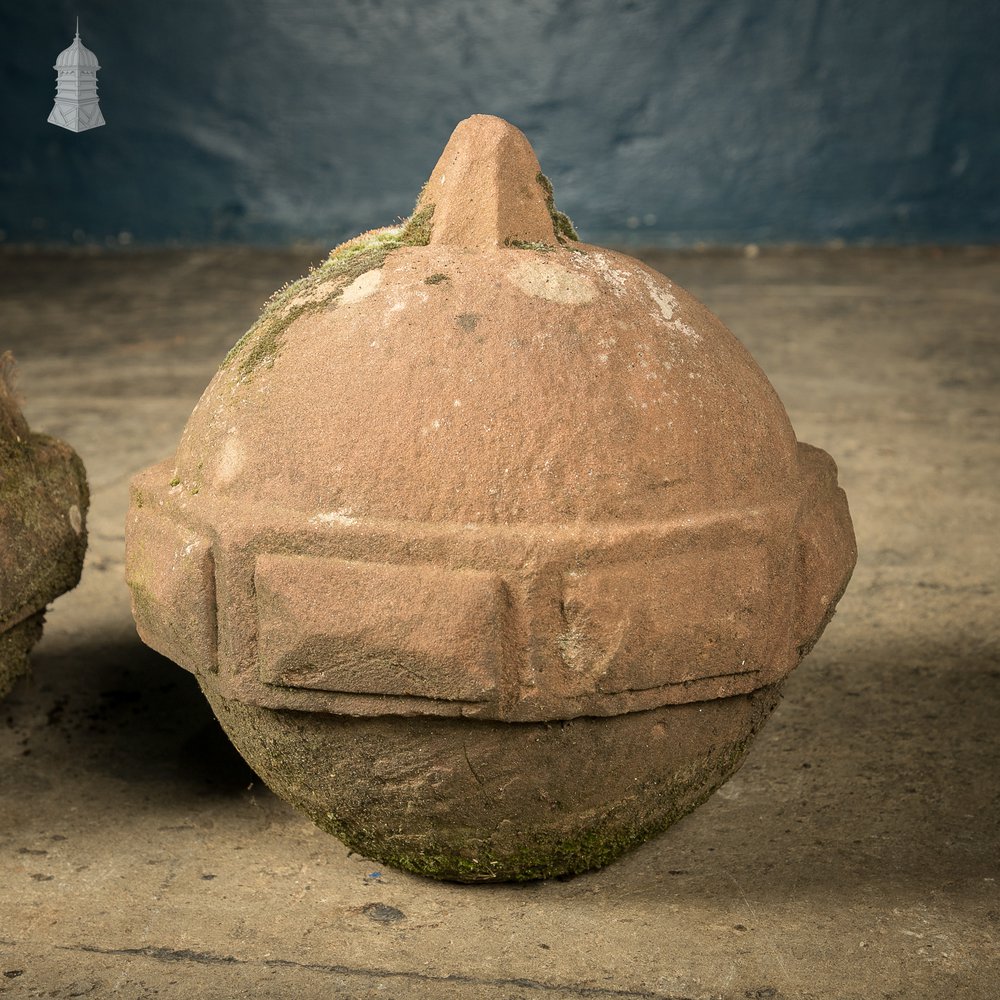 Orb Pier Cap Finials, 18th C Carved Sandstone Balls, Pair