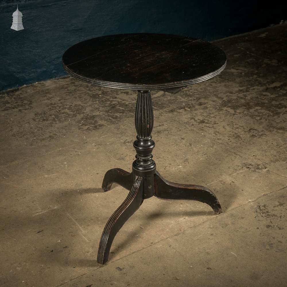 Ebonised Side Table, 18th C Circular 3 Leg with Reeded Pedestal