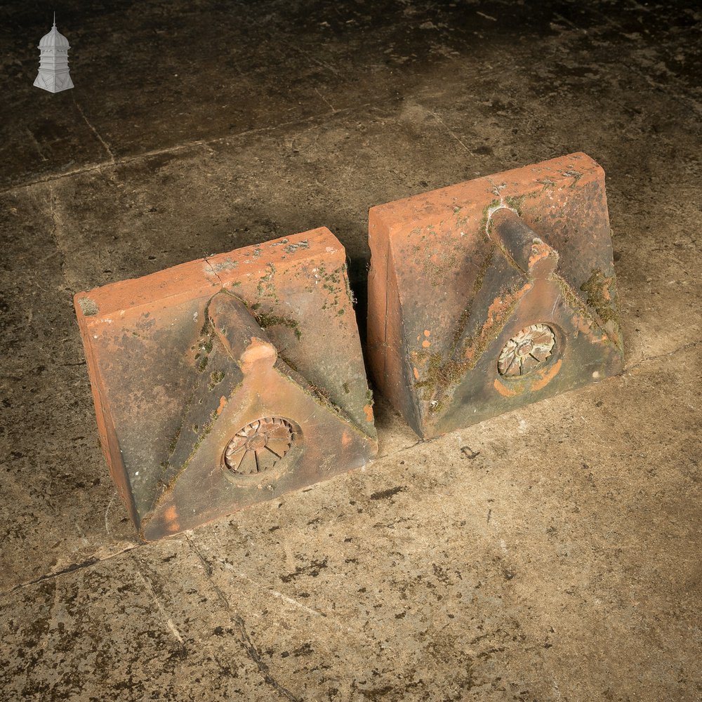 Parapet Coping Bricks, Decorative Rose Detail, 19th C Weathered Red Clay, Pair