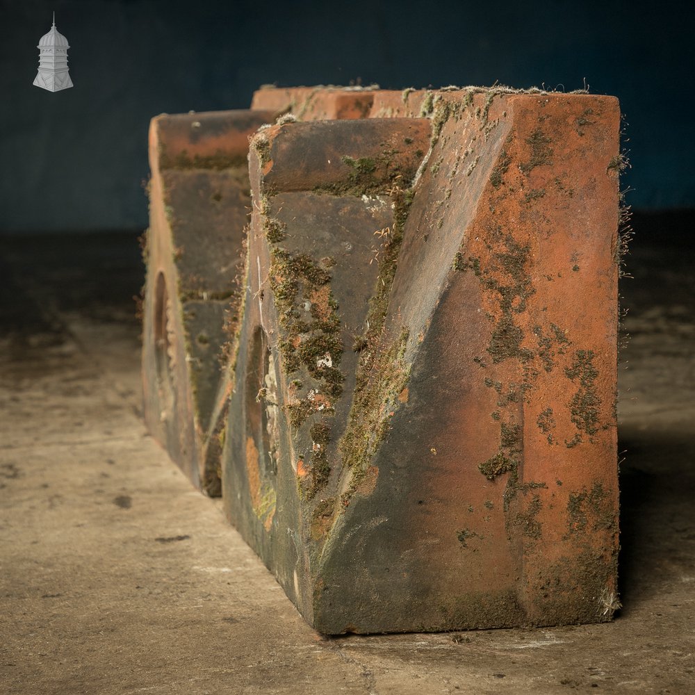 Parapet Coping Bricks, Decorative Rose Detail, 19th C Weathered Red Clay, Pair