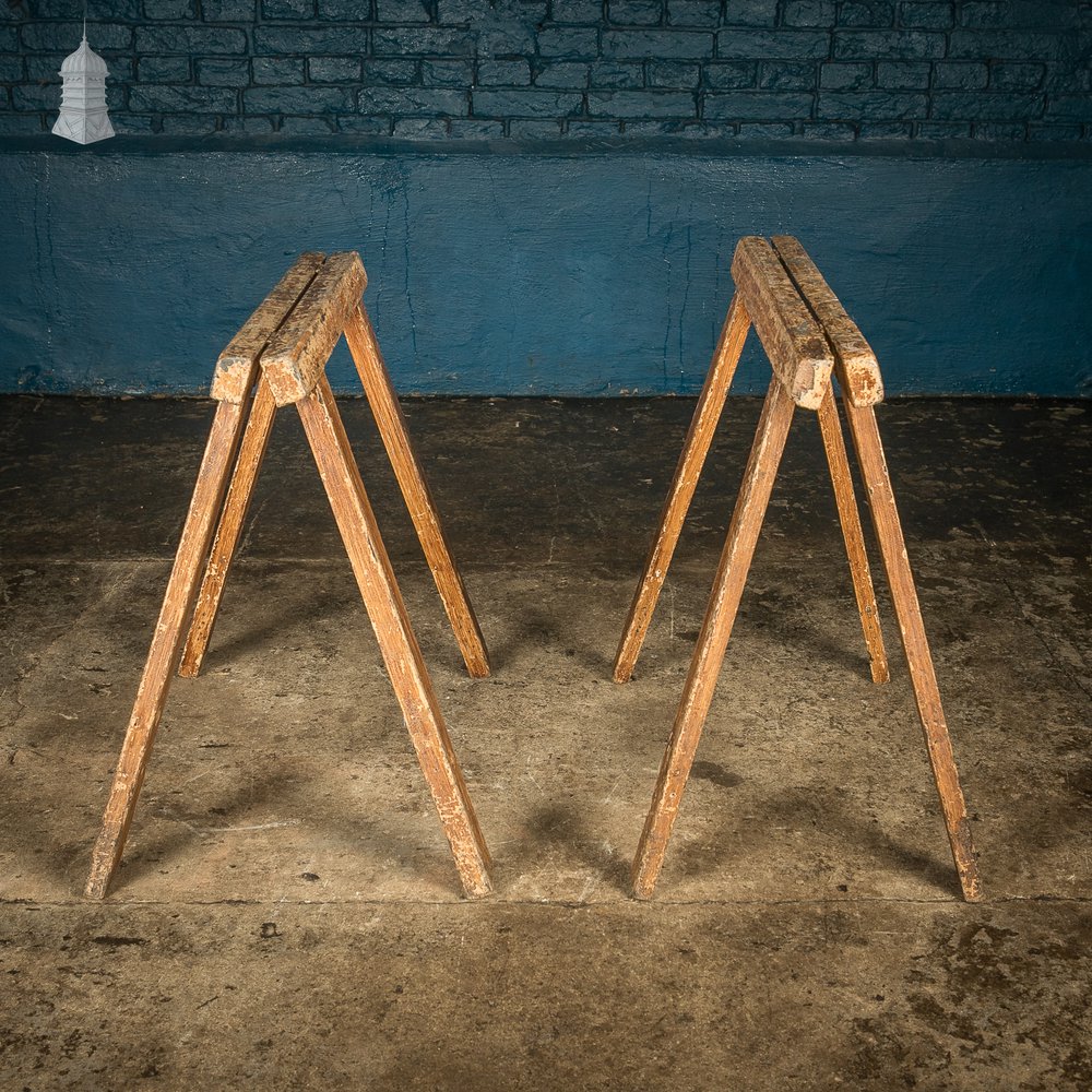 Trestle Coffin Stands, 19th C Distressed Pine Finish, Pair