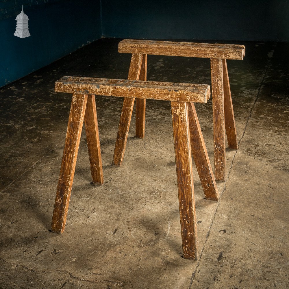 Trestle Coffin Stands, 19th C Distressed Pine Finish, Pair