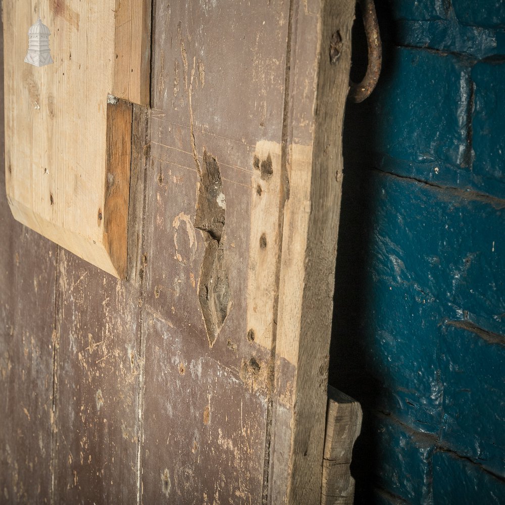 Hardwood Barn Door, 18th C Braced and Ledged with Period Repair and Distressed Brown Paint Finish