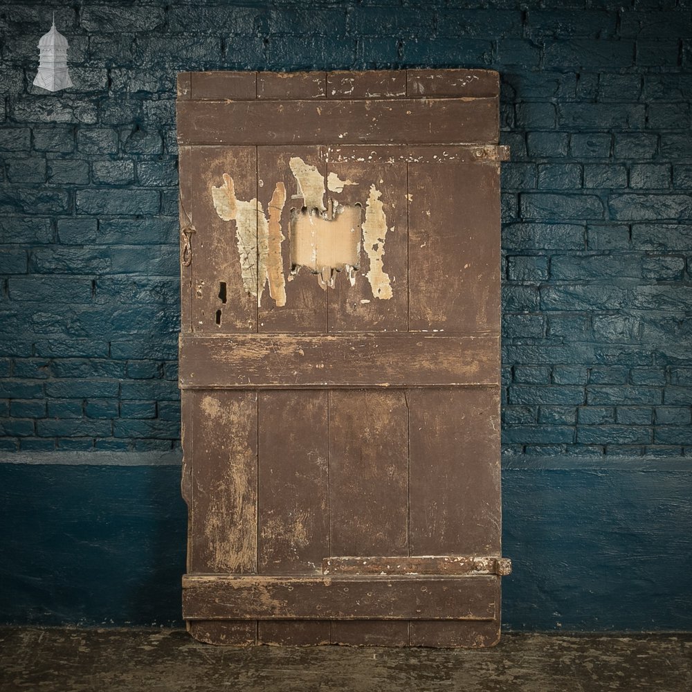 Hardwood Barn Door, 18th C Braced and Ledged with Period Repair and Distressed Brown Paint Finish