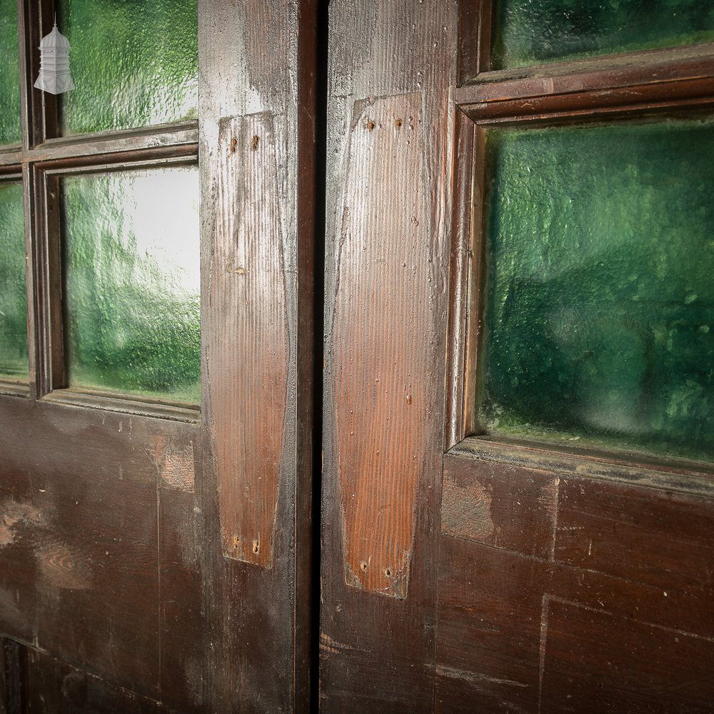 Glazed Double Doors, 19th C Pine with Green Glass