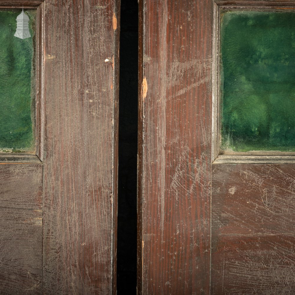 Glazed Double Doors, 19th C Pine with Green Glass