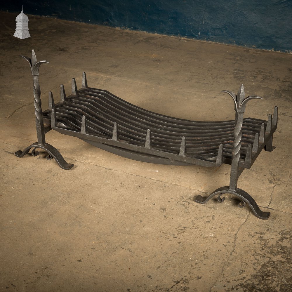 Fire Grate and Andirons, Cast Iron with Fleur de Lis detail