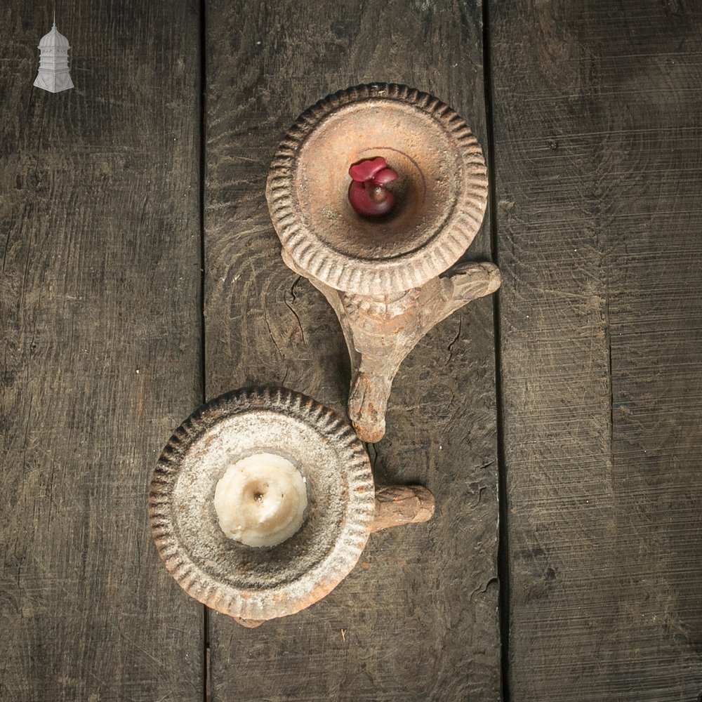 Cast Iron Candlesticks, 19th C Mock Tudor