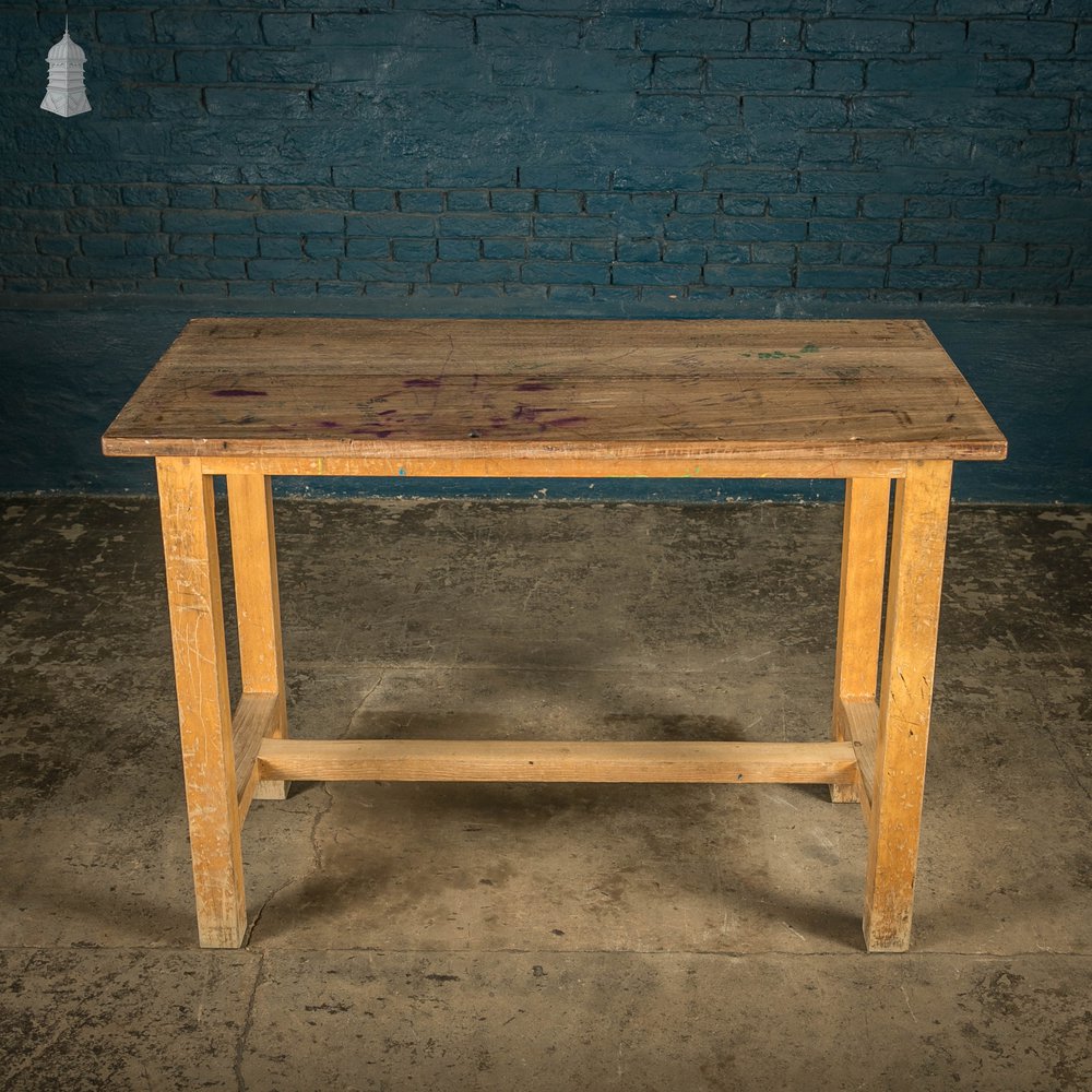 School Workbench Table, Mid Century Beech H Stretcher Base with Iroko Top