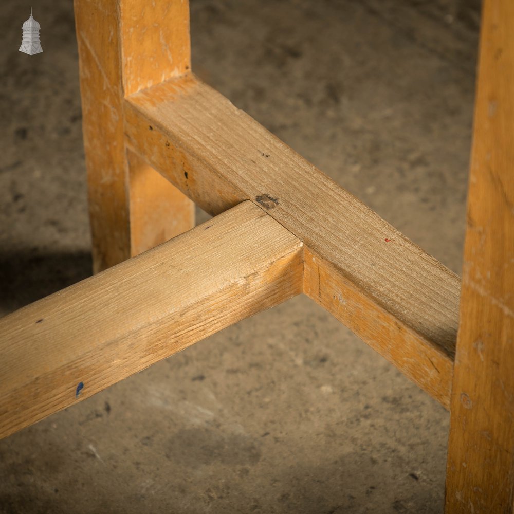 School Workbench Table, Mid Century Beech H Stretcher Base with Iroko Top