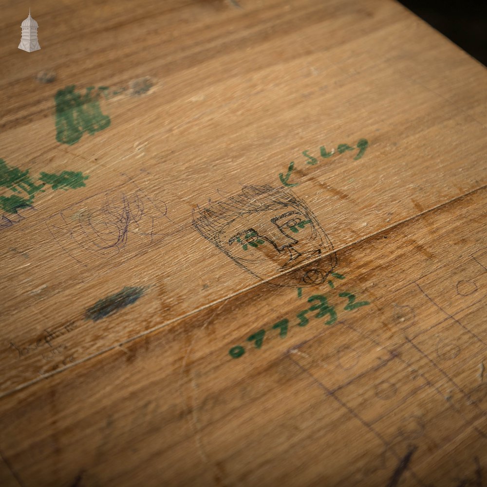 School Workbench Table, Mid Century Beech H Stretcher Base with Iroko Top