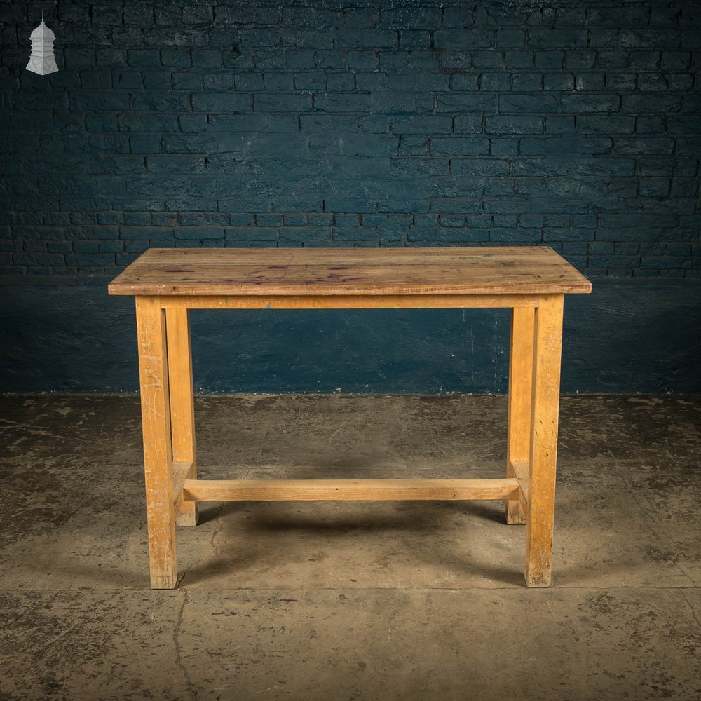 School Workbench Table, Mid Century Beech H Stretcher Base with Iroko Top