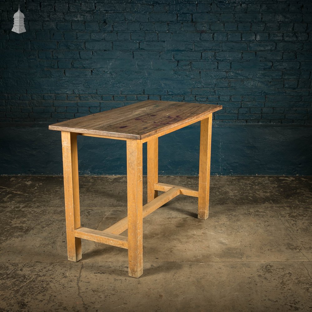 School Workbench Table, Mid Century Beech H Stretcher Base with Iroko Top