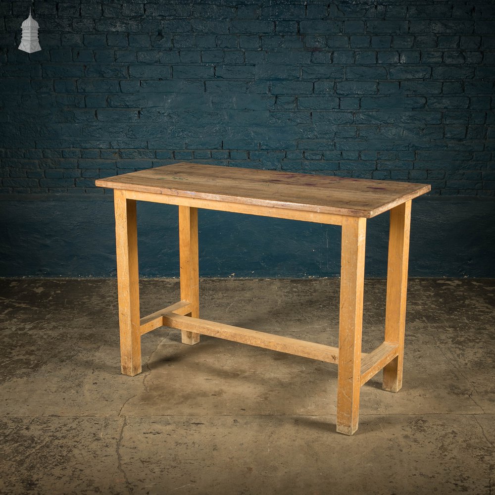 School Workbench Table, Mid Century Beech H Stretcher Base with Iroko Top