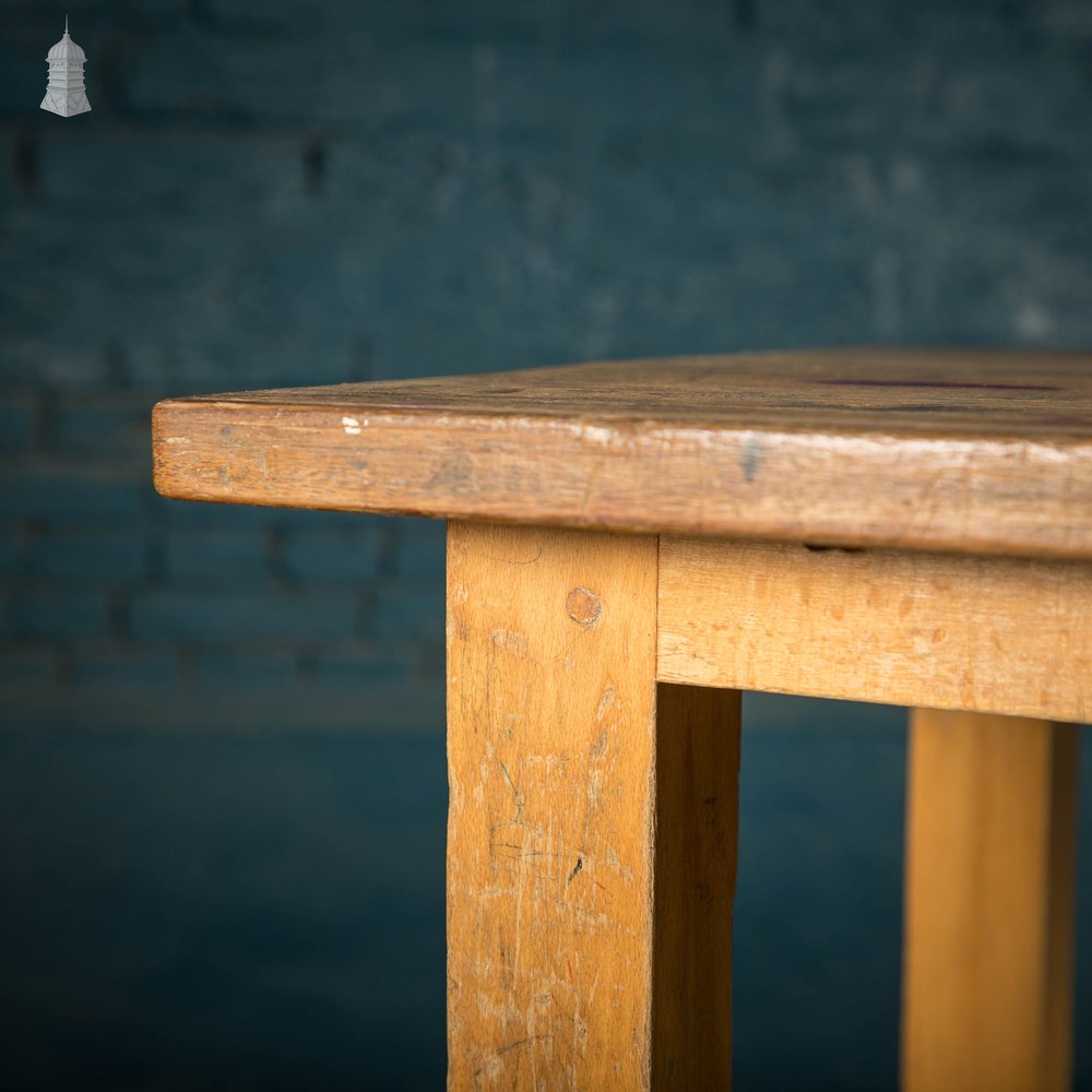 School Workbench Table, Mid Century Beech H Stretcher Base with Iroko Top