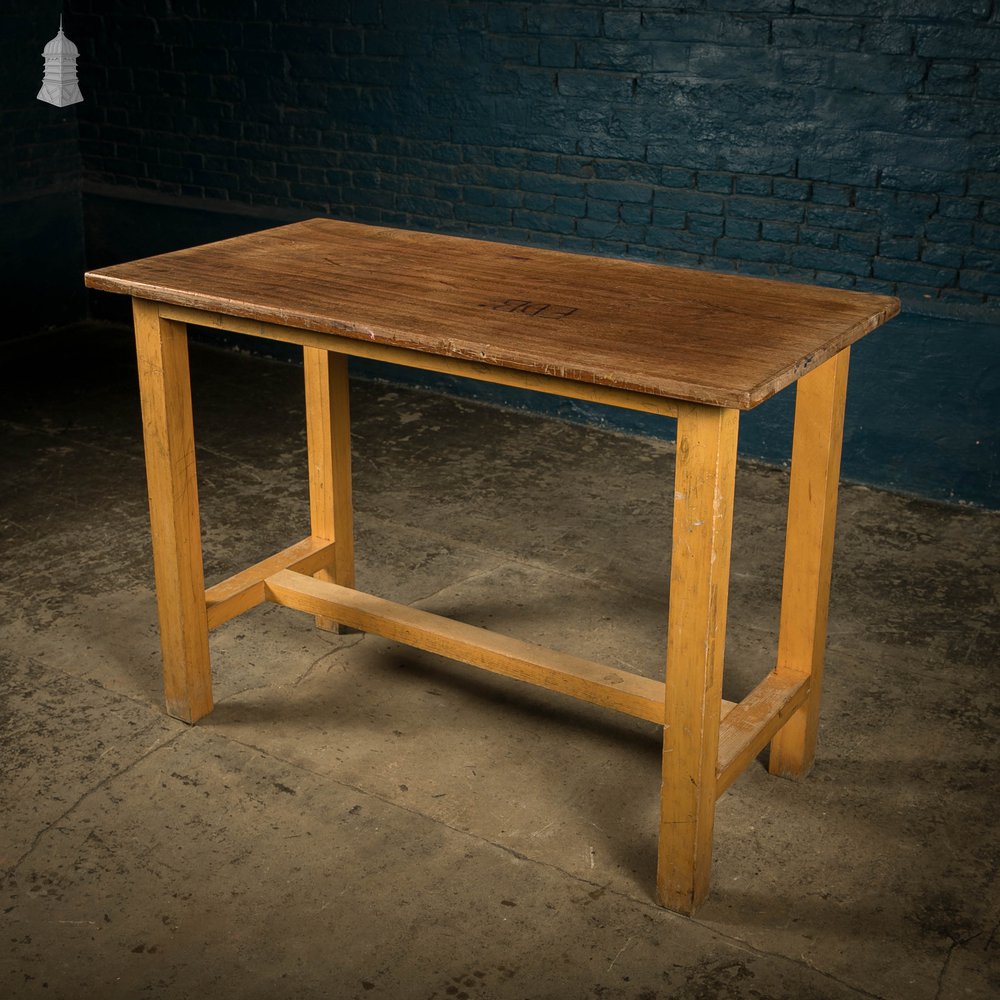 School Workbench Table, Mid Century Beech H Stretcher Base with Iroko Top