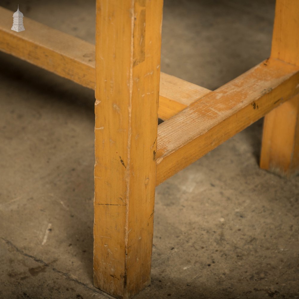 School Workbench Table, Mid Century Beech H Stretcher Base with Iroko Top